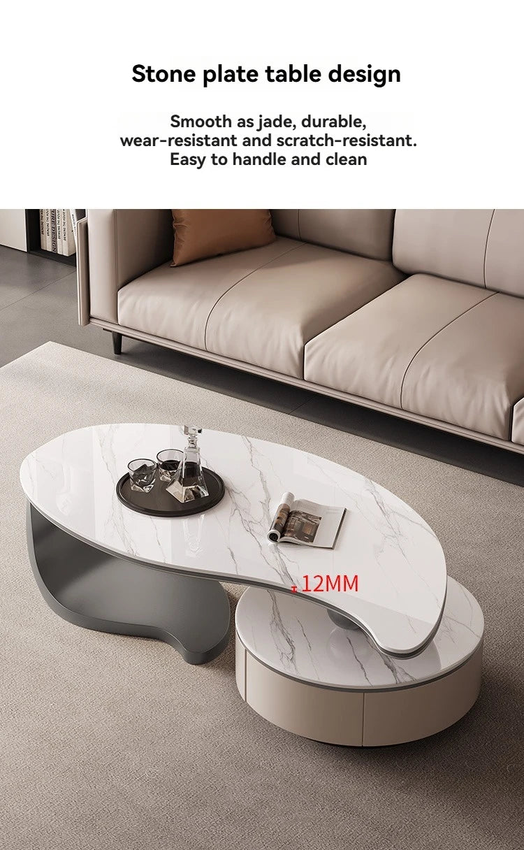 Modern Coffee Table With 2 Storage Drawers For Living Room Faux Marble Leaf Shape Coffee End Tables With Sturdy Metal Base